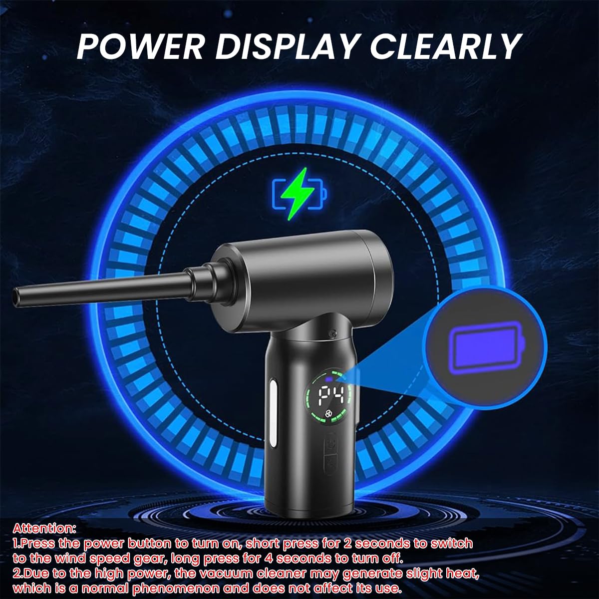 ZORBES Electric Dust Blower, Wireless Air Duster Car Vacuum Cleaner, 2 in 1 Electric Air Blower with LCD Digital Display, 120W USB Cordless Air Blower with LED and Interchangeable Nozzles for Home, Computer