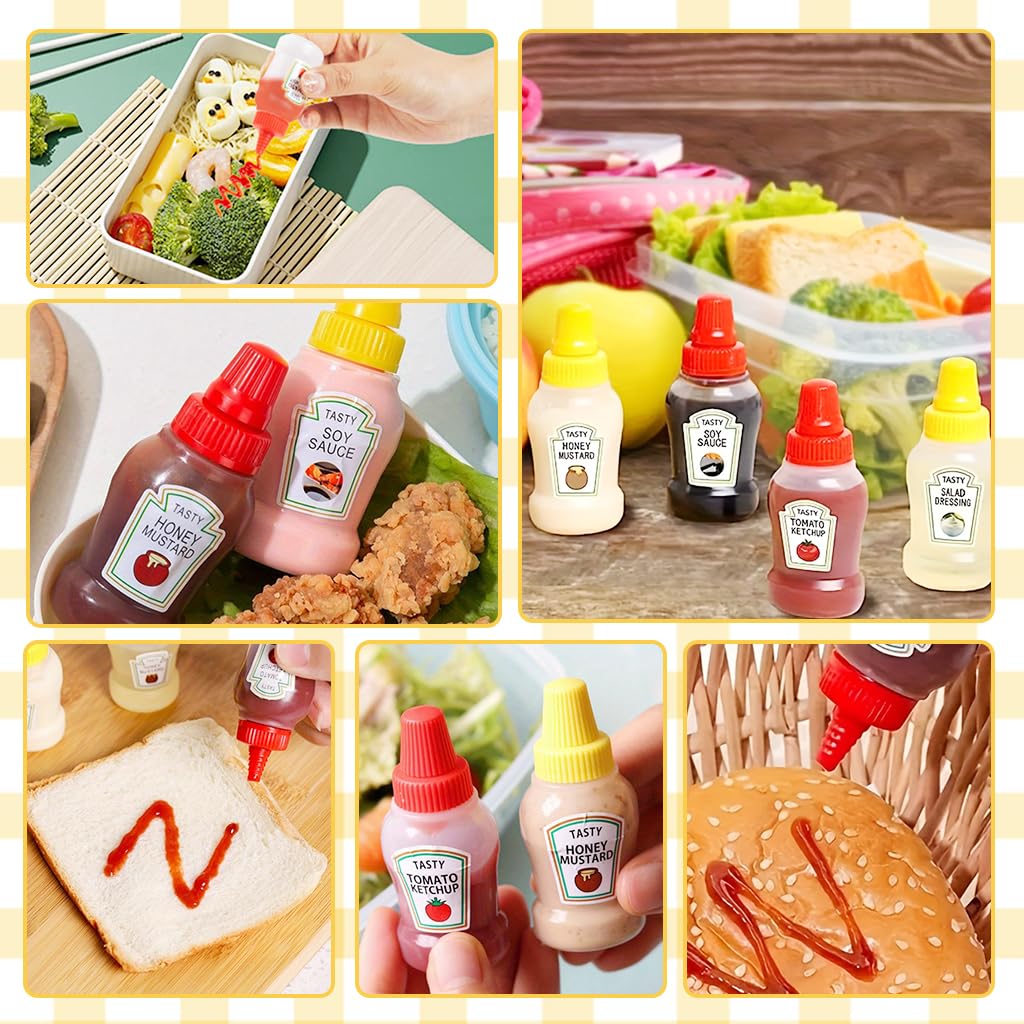 HASTHIP 6Pcs Mini Ketchup Bottles for Lunch Bag 25ml Refillable Salad Dressing Squeeze Bottles with Nozzle Leaking-proof Dressing Dispenser Bottles Squeeze Bottles for Ketchup, Honey Mustard, Vinegar