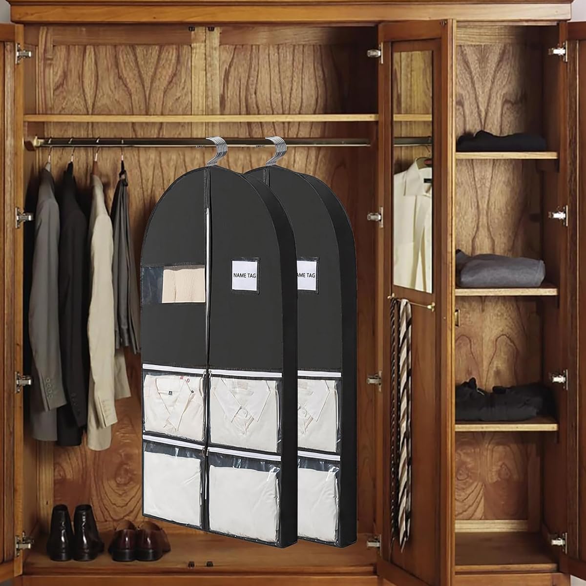 HASTHIP Garment Bag Dust Cover 49.2'' Long Dust Cover for Clothes, Non-woven Fabric Garment Cover with Clear Window and 4 Pockets Hanging Garment Bag for Clothes, Coats, Jackets, Suits, Shirts