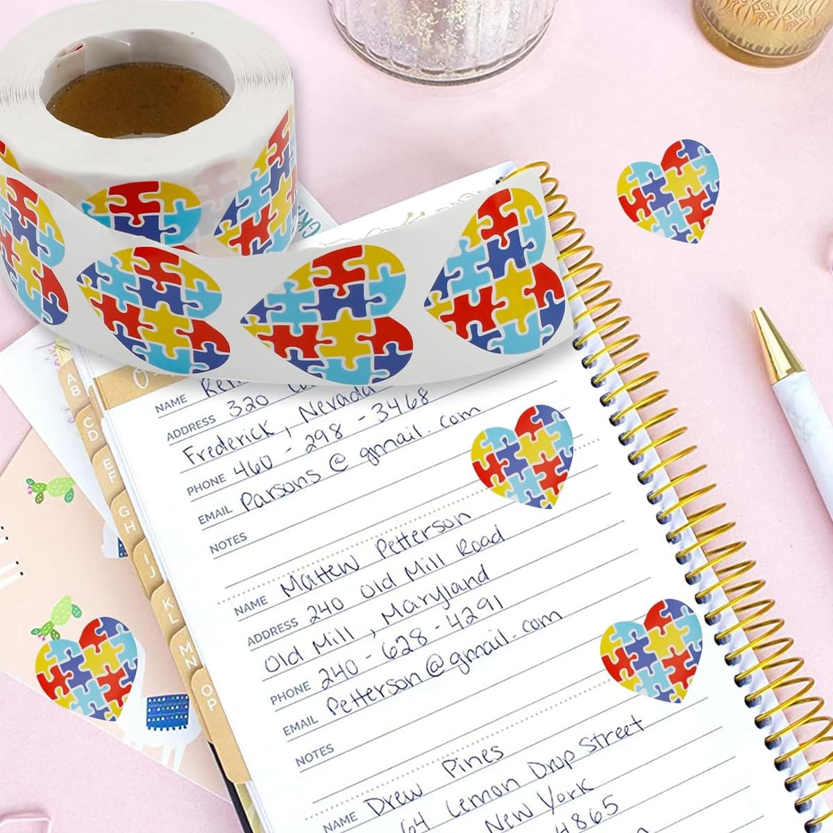 HASTHIP 500Pcs Heart-Shaped Autism Stickers - Colorful Puzzle Self-Adhesive Labels for Events, Gifts & Packaging, Envelope Tab Sealer Autism Awareness Gifts for Women Men Kids Teen
