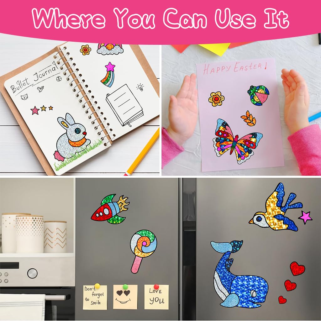 PATPAT DIY Foil Sticker Art Crafting Kit for Kids Patchwork Foil Sticker Art Craft Supplies Kit Educational Fun Butterfly Foil Sticker for DIY Art Sensory Art Toys for Kids 2-3 Years Old