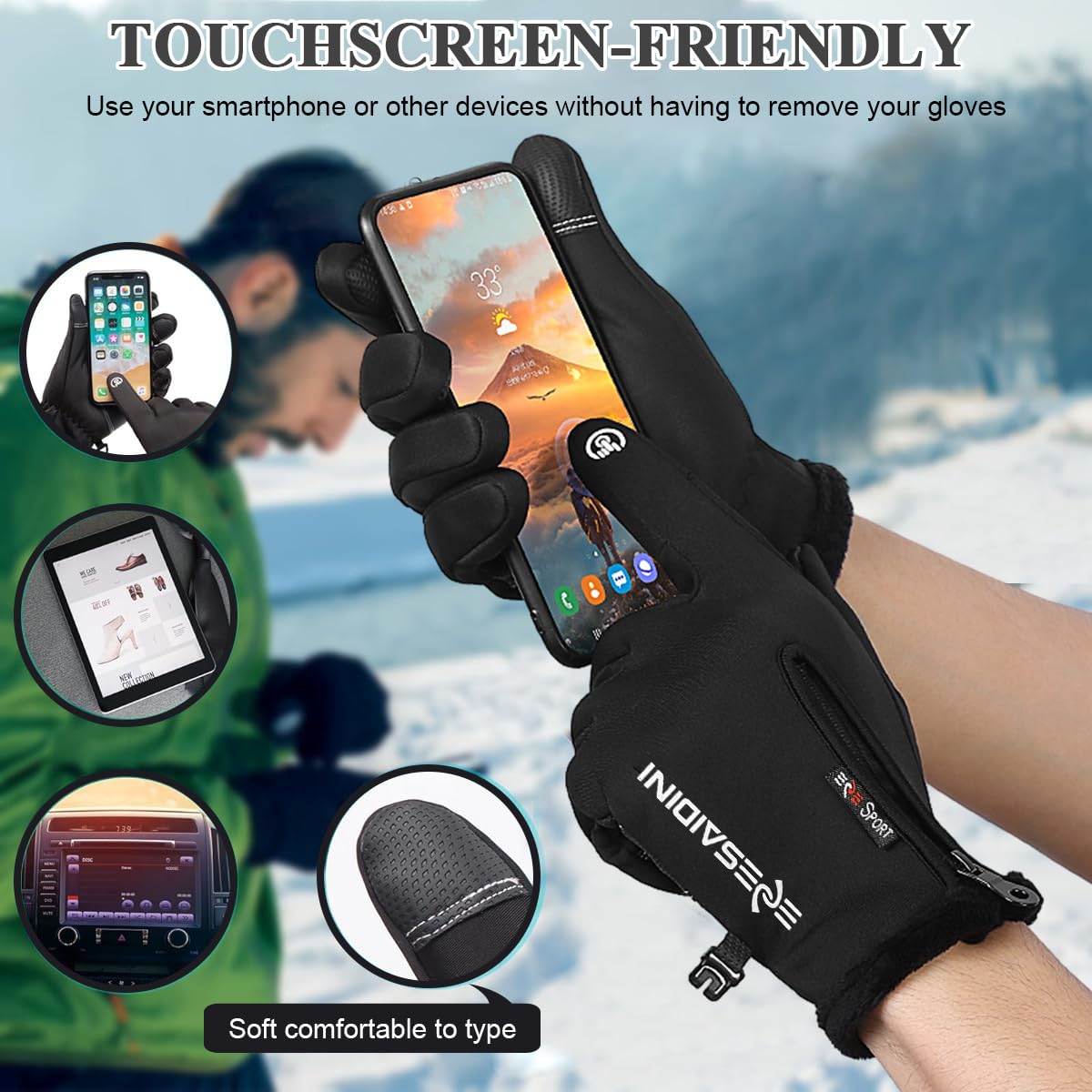 GUSTAVE Winter Cycling Gloves For Men,Riding Gloves Finger Gloves,Gloves For Men Winter Warm Touchscreen Thermal Fleece Lined (Black L), Large