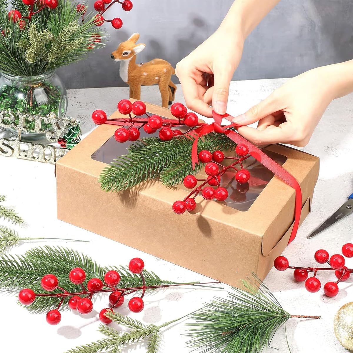 HASTHIP 60Pcs Christmas Tree Ornaments Artificial Pines & Berry Combo Set Flourish Greenery Pine Christmas Ornaments DIY Christmas Garland Wreath Xmas Embellishing Flower