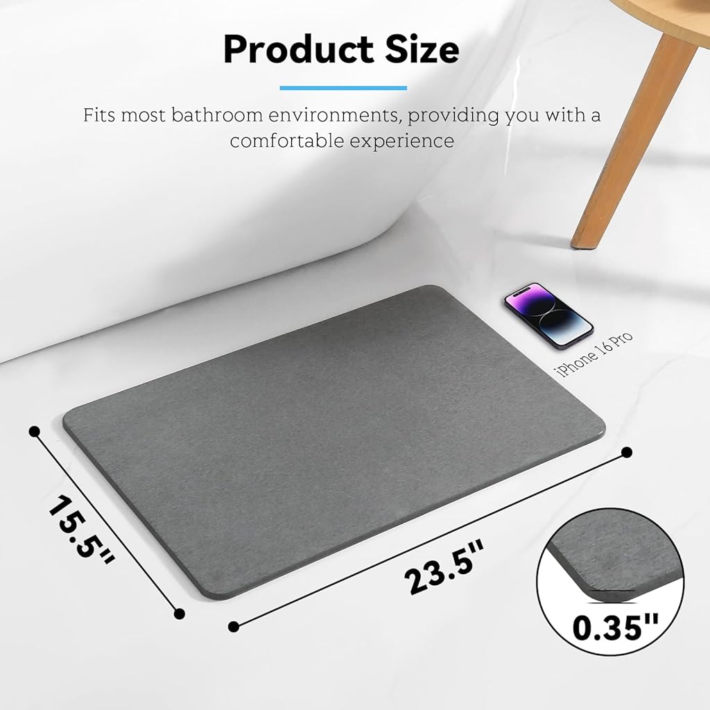 HASTHIP® Bath Mat,Quick Dry Absorbent Floor Mat Anti-slip Diatomaceous Earth Bath Shower Bathtub with Clear Double Sided Anti-skid,15.75x11.8 inches Grey
