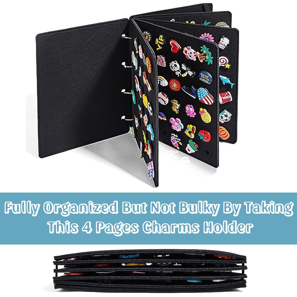 MAYCREATE Felt Organizer Album 120Pcs Shoe Charms Organizer Croc Shoe Charms Collection Album with Elastic Strap Closure Brooch Pin Organizer Binder, 26x21.3cm, Black