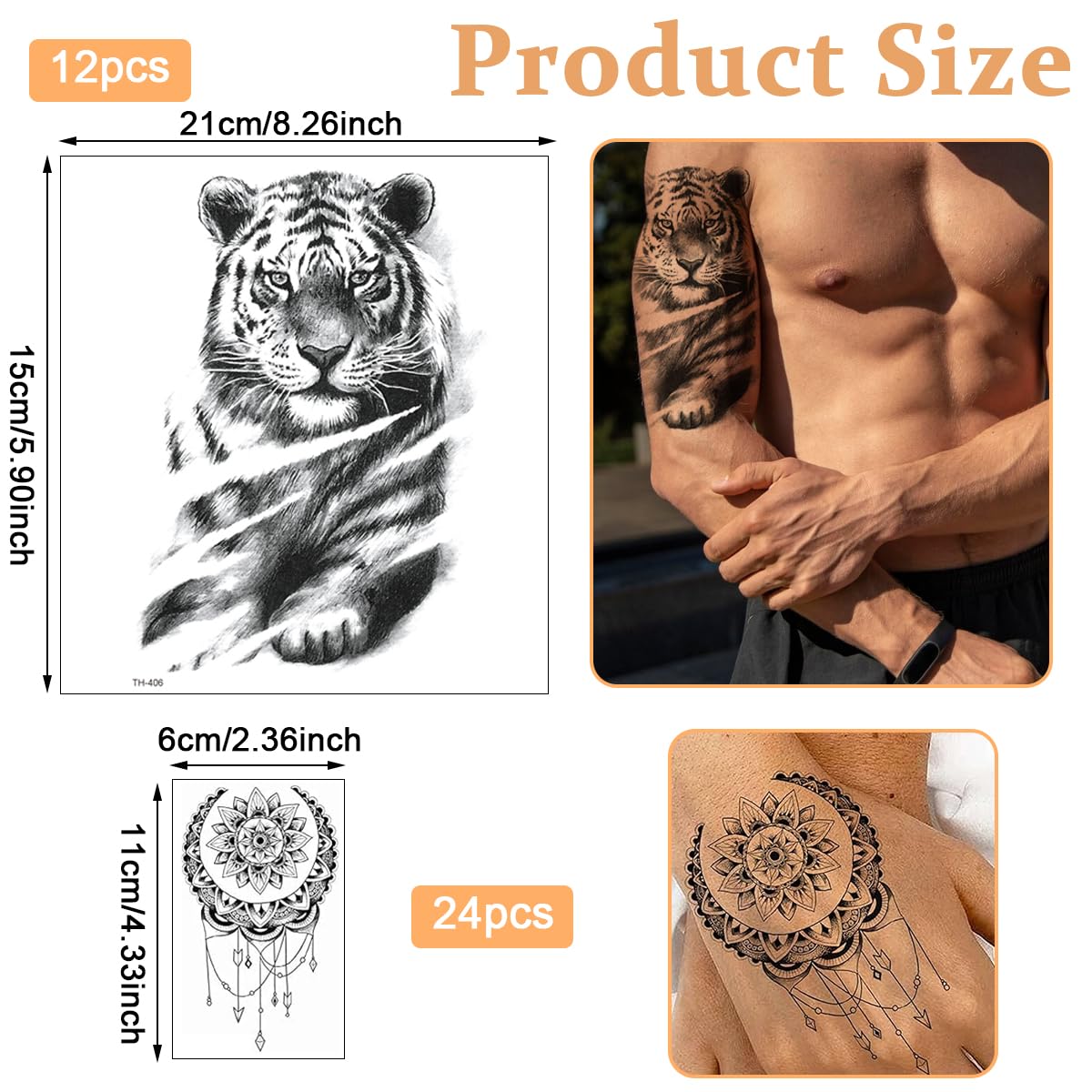 MAYCREATE 36 Sheets Temporary Tattoo for Men Women, Large Tattoo Sticker for Arm Legs, Half Arm Band Tattoo, Waterproof Fake Black Tattoos for Party, Club, Perform, Special Makeup