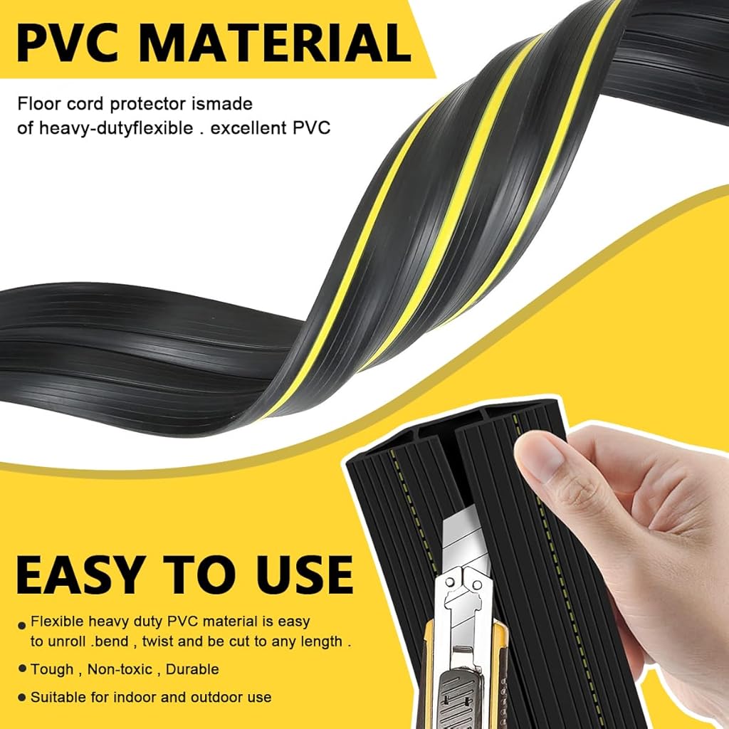 HASTHIP® Floor Cable Cover with 3 Channels, Heavy Duty PVC Cord Protector, Cuttable Length, Hide & Protect Wires/Extension Cords, Weatherproof, Versatile Use for Home/Office (2X 6.56ft)