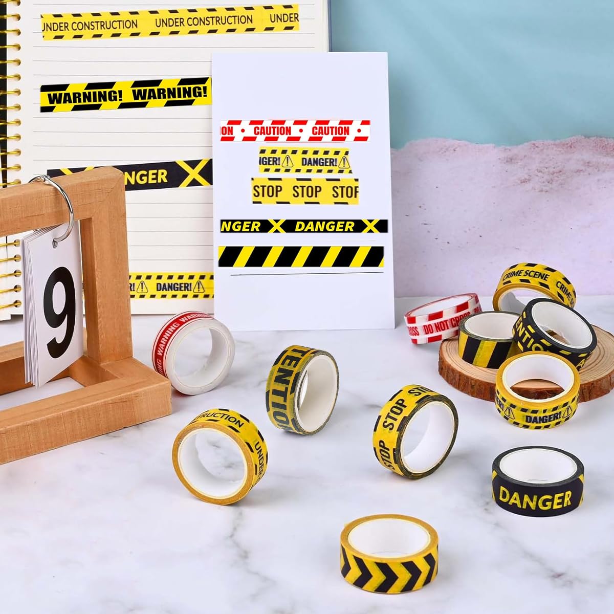 HASTHIP 16 Rolls Caution Line Washi Tape Set - 8 Unique Red & Yellow Warning Washi Tapes for DIY Crafts, Journals, Planners, Scrapbooks, and Wall Decoration