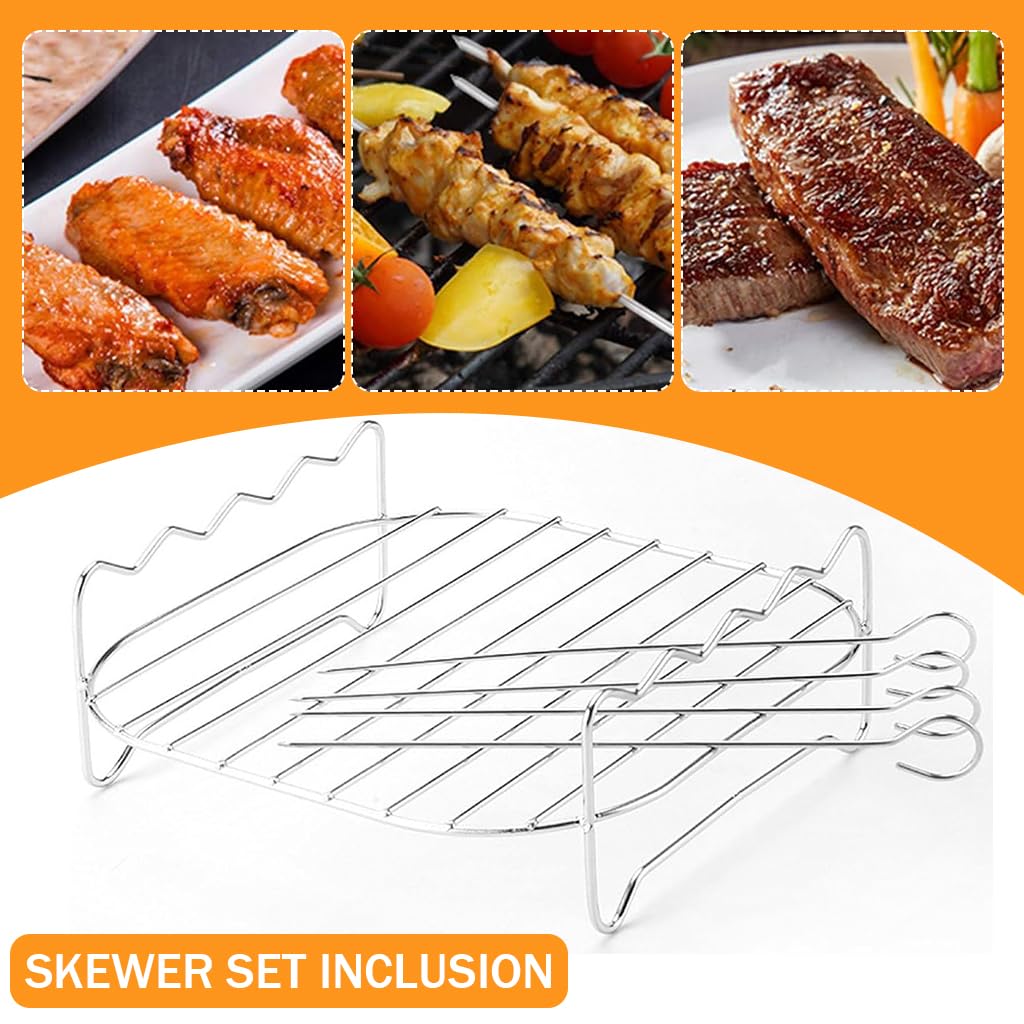 Supvox Air Fryer Grilling Rack Skewers Combo Stainless Steel Grilling Rack with 4pcs Stainless Steel Skewers, Double Layer Grilling Rack with Handle Fits Most 4.2QT Air Fryer