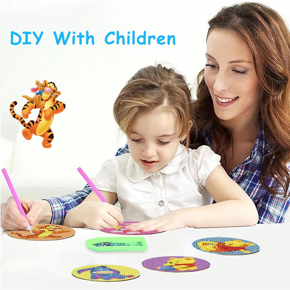 PATPAT 5Pcs DIY Diamond Painting Kit Tea Coaster Set, Winnie the Pooh Cartoon Diamond Painting Coaster Set with Tools, Diamond Painting Coaster Diamond Painting Kit for Adults Kids Christmas Gifts