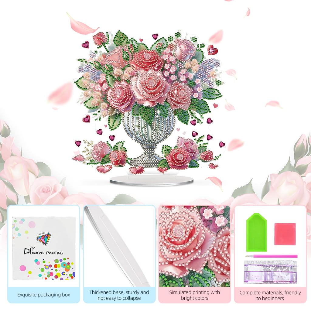 HASTHIP DIY Diamond Desktop Ornament Special Shaped Crystal Rose Bouquet Diamond Art Painting Acrylic Tabletop Ornaments Single Sided Diamond Home Decor, Gift DIY 5D Diamond Painting Art Kit