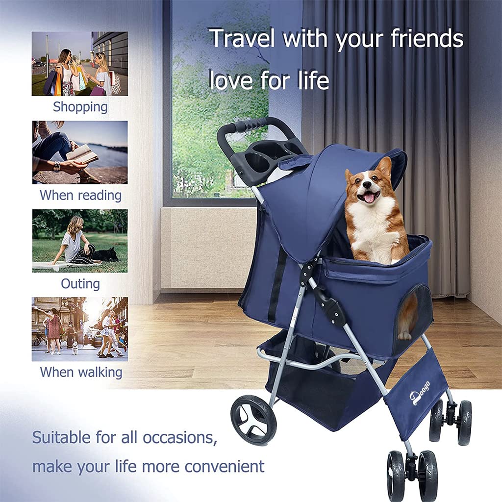 Qpets 4 Wheels Foldable Pets Stroller for Dogs and Cats with Sunvisor, Brake Wheel, Storage Case, Cup Holder Multifunction Dog Cat Cage Jogger Stroller for Medium Small Dogs Cat(Under 15KG)