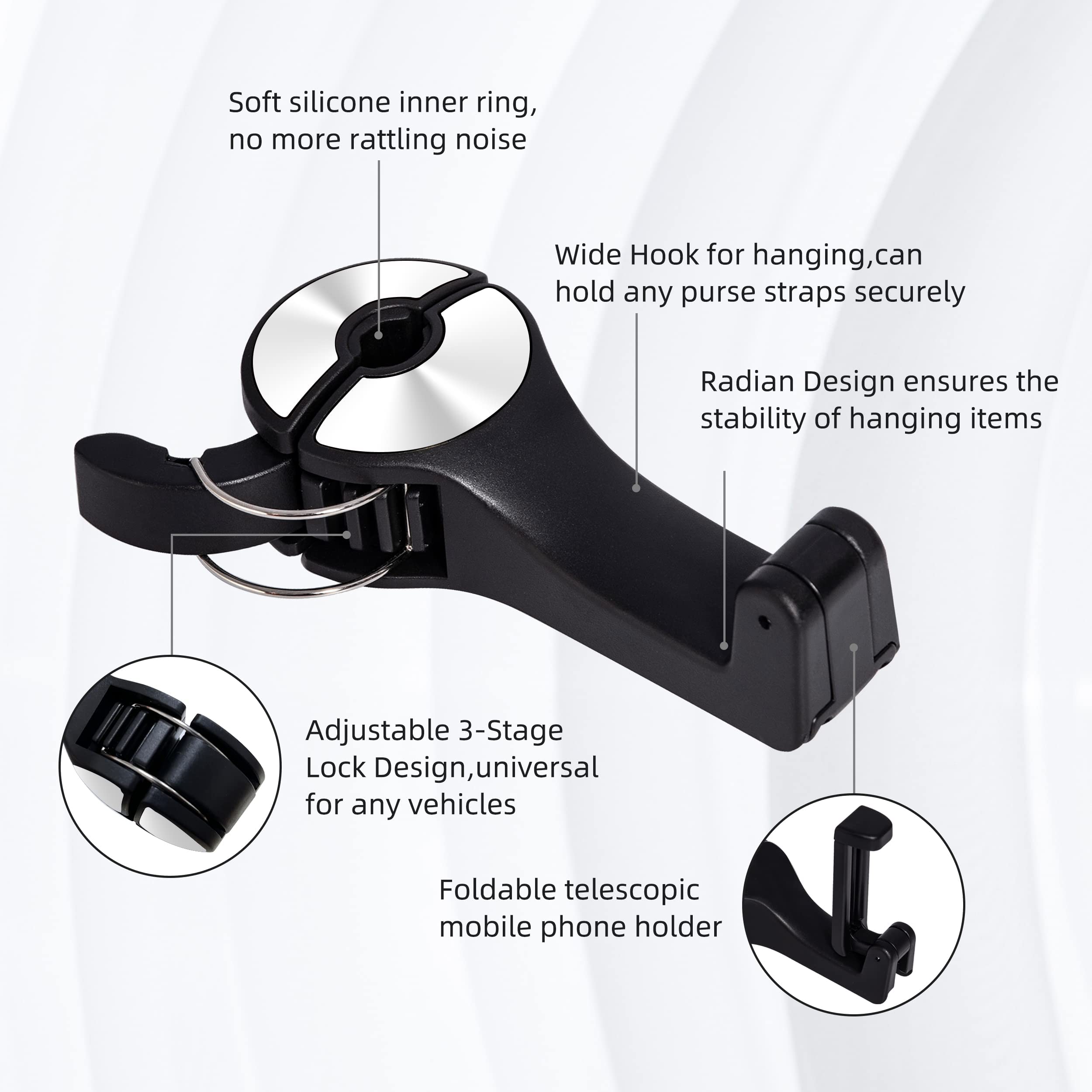 ZIBUYU Car Hooks for Hanging 2 in 1 Car Seat Hook with Phone Holder Under Backseat Headrest Hooks for Car Quick Snap Installation Phone Holder Car Hooks Back Seat, 6.5 inches Phones - 2 Pcs