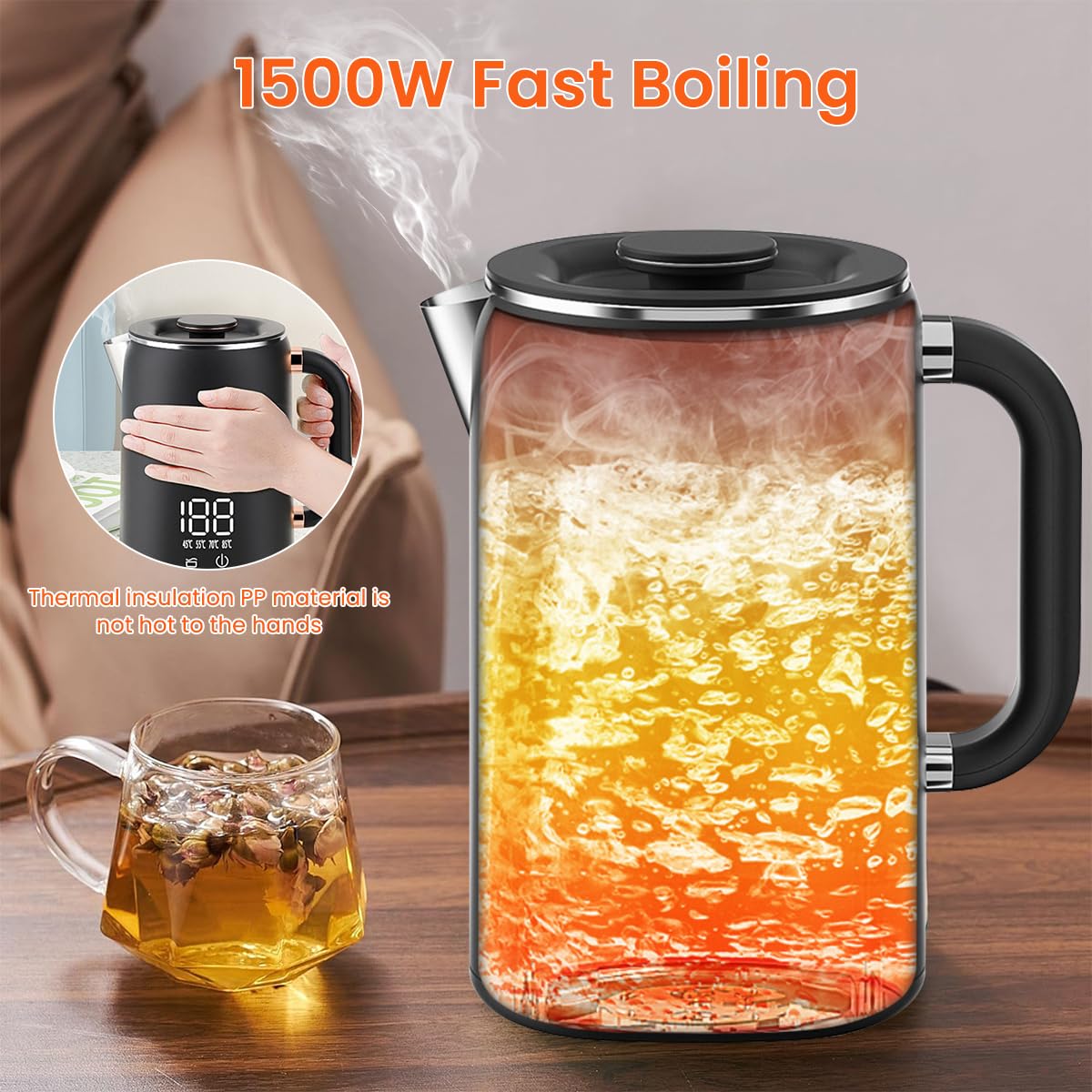 Supvox Electric Kettle for Hot Water Kettle with Temperature Control 1.7 Liter Hot Water Boiler for Home 1500W Electric Tea Maker Machine with 5 Adjustable Temperature LCD Display and Touch Button