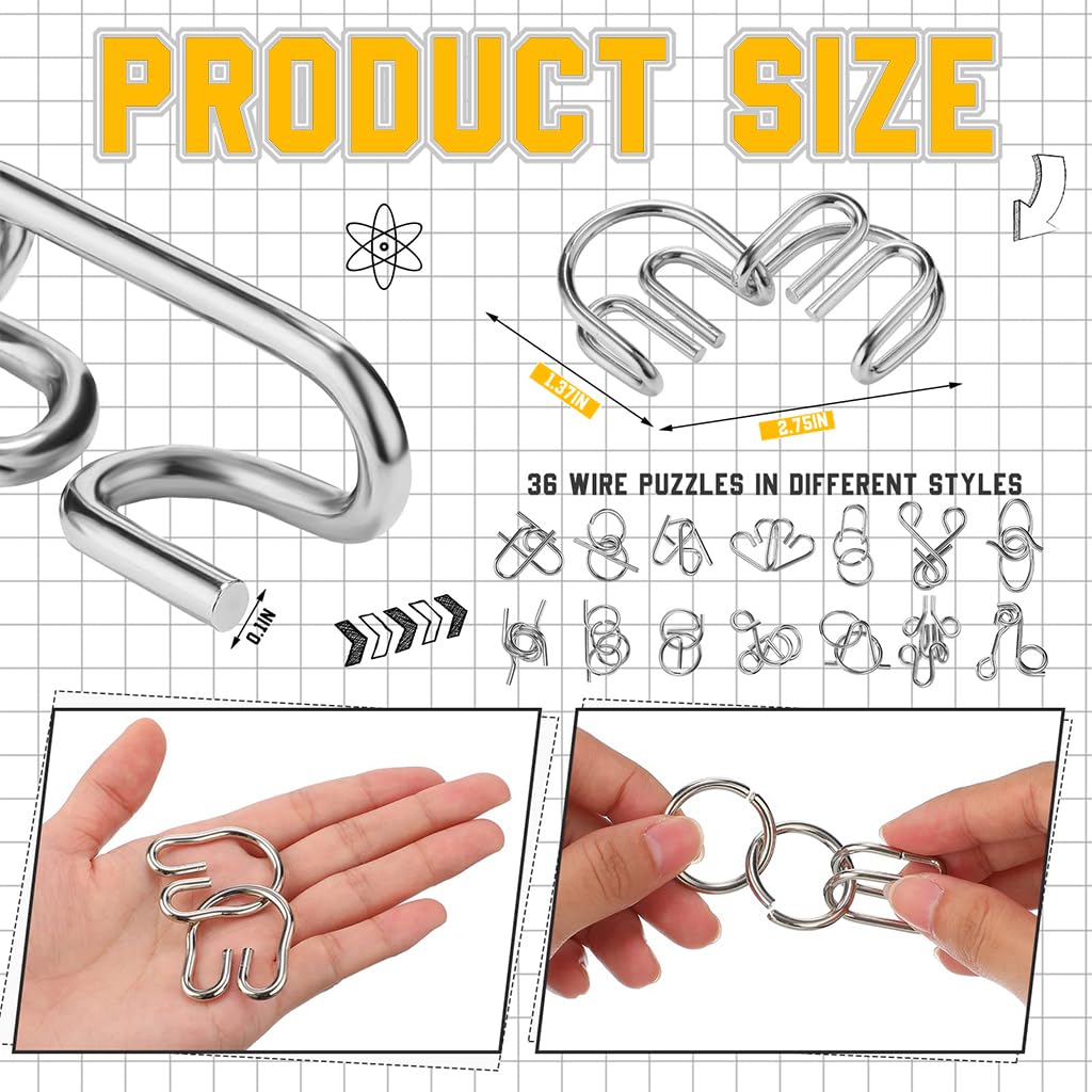ELEPHANTBOAT Brain Teasers Metal Wire Puzzle Toys,IQ Tester,Brain Games for Kids and Adults,Fun Fidget Puzzles,Train Your Brain,Disentanglement Puzzle Unlock Interlock Toys with Travel Bag Set of 36