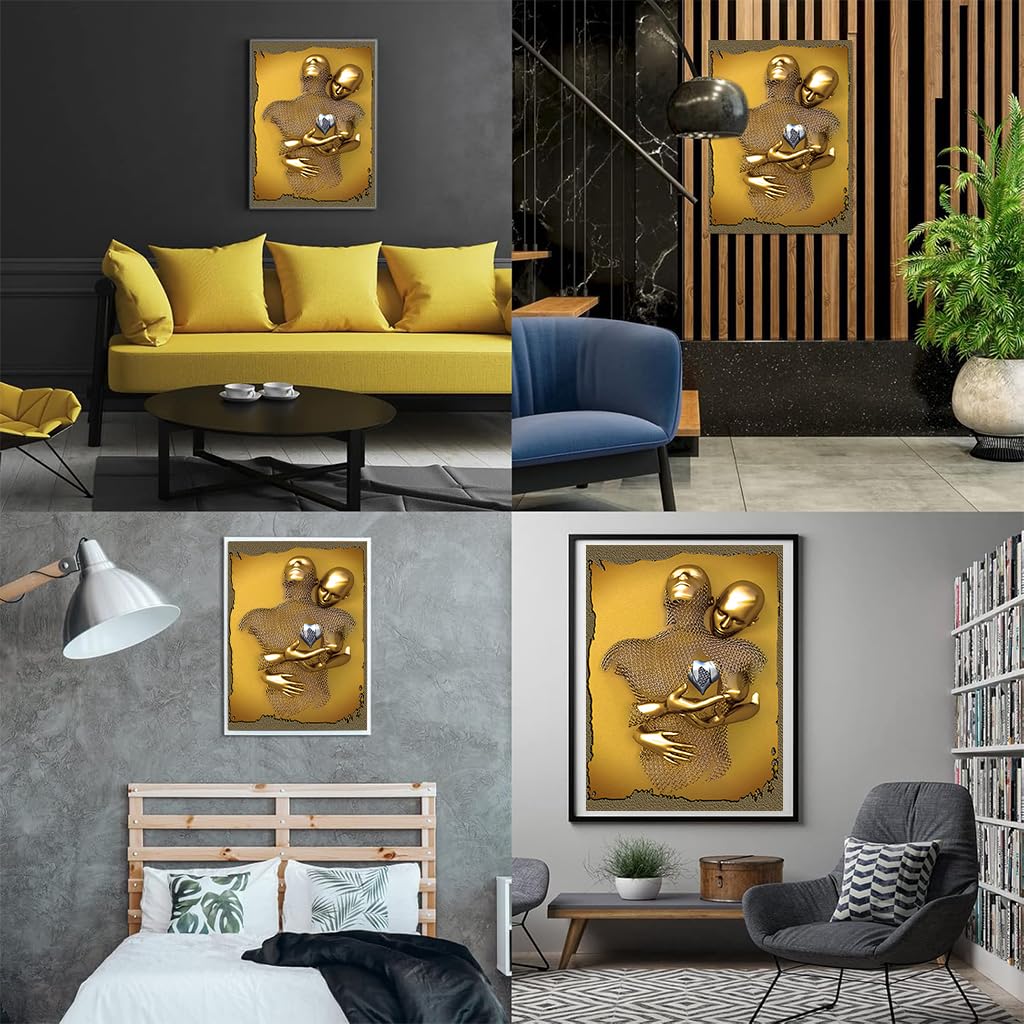 HASTHIP 3D Painting Metal Figure Statue Art Couple Love Heart Kiss Pictures Wall Art Canvas Print Poster Drawing Decor for Home Living Room Bedroom Office - Without Frame (30x40cm) Heart