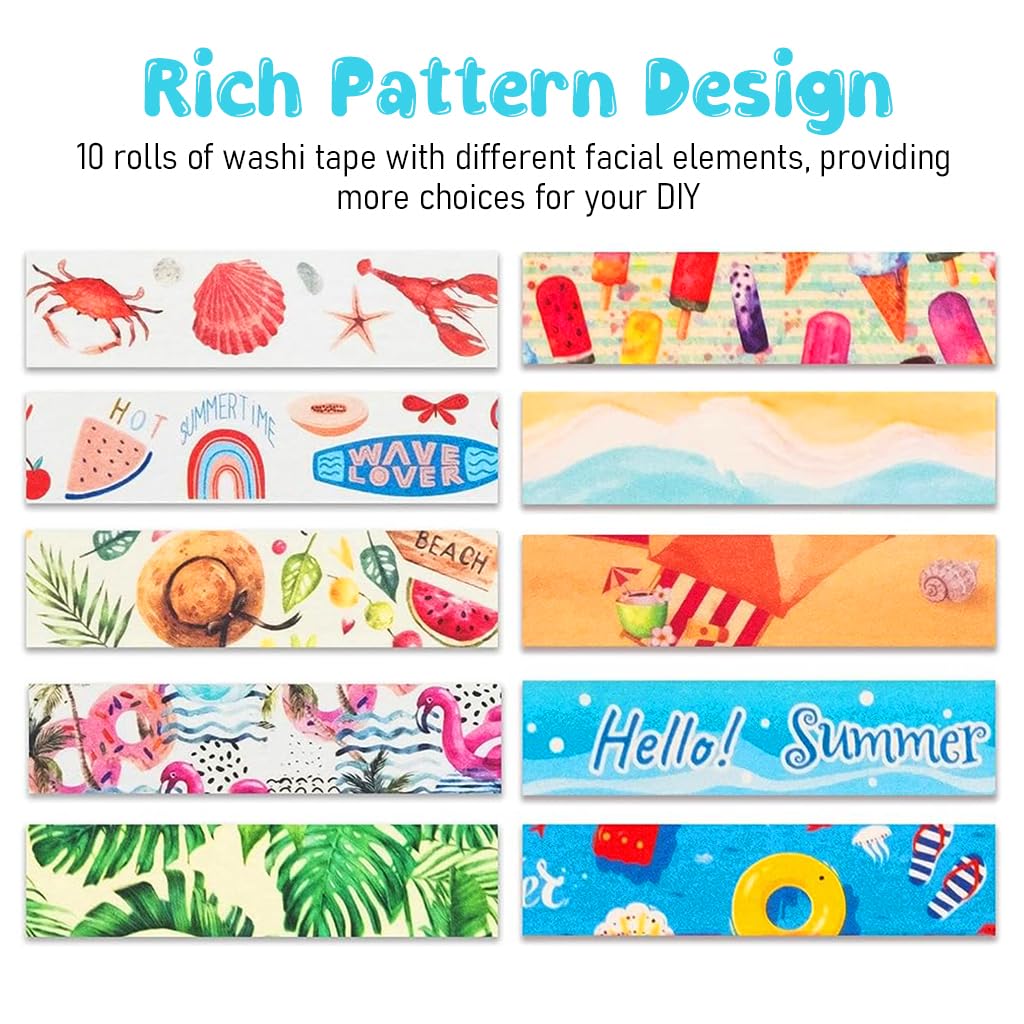 HASTHIP 10 Rolls Summer Washi Tape Set, 15mm Beach Ocean Cut Washi Masking Tape Decorative Tape for Bullet Journal, Book, Planner, Scrapbooking, DIY Arts (15mm x 5 meters Per Roll)