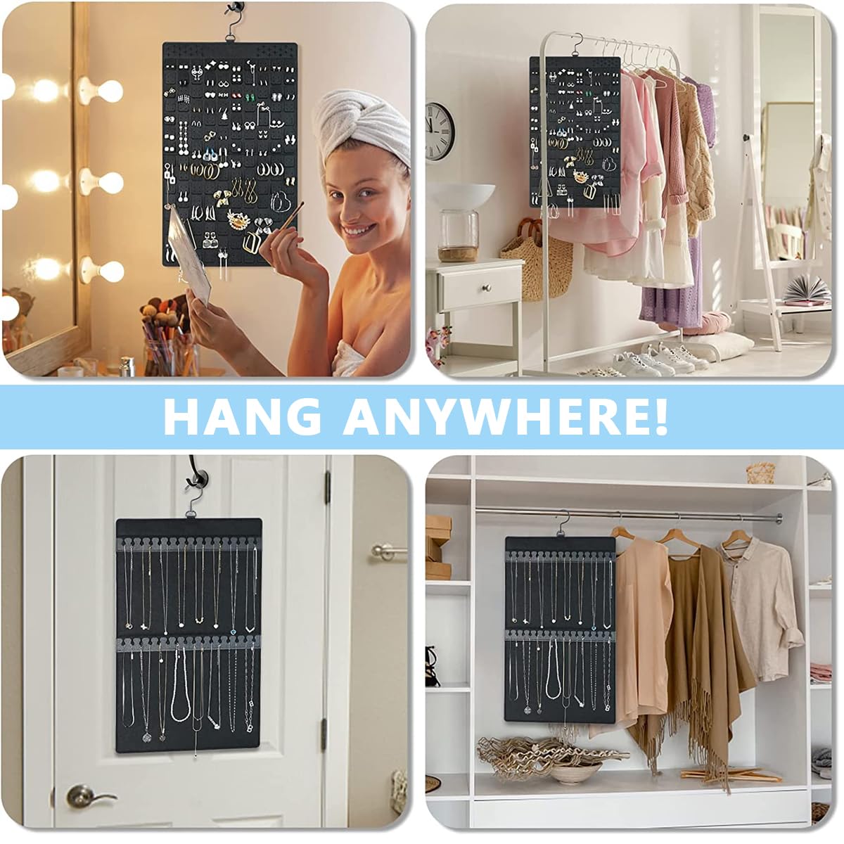 HASTHIP Hanging Jewellery Organisers, Dual-Sided Necklace & Earrings Organizer, Large Felt Jewelry Organizer Hanger For Closet, Wall, Door - Holds Up To 300 Pairs Of Earrings And 30 Necklaces, Black