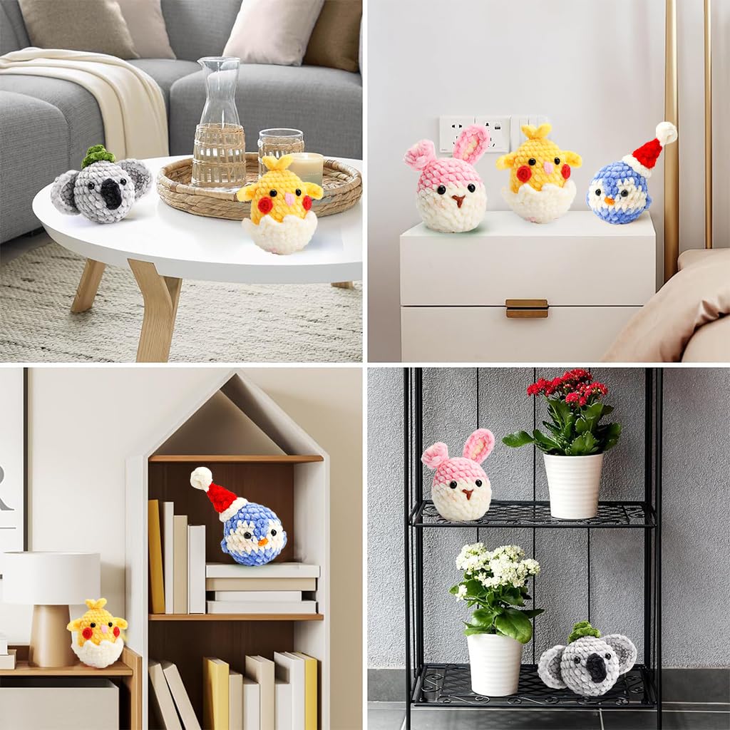 HASTHIP 4Pcs DIY Crochet Kit Set Cartoon Chenille Animals Crochet Stuffed Animal Kit Stuffed Toy Desk Decor Keychain Pendent Starter Crochet Cute DIY Cartoon Crocheting Kit DIY Gift for Kids, Adults