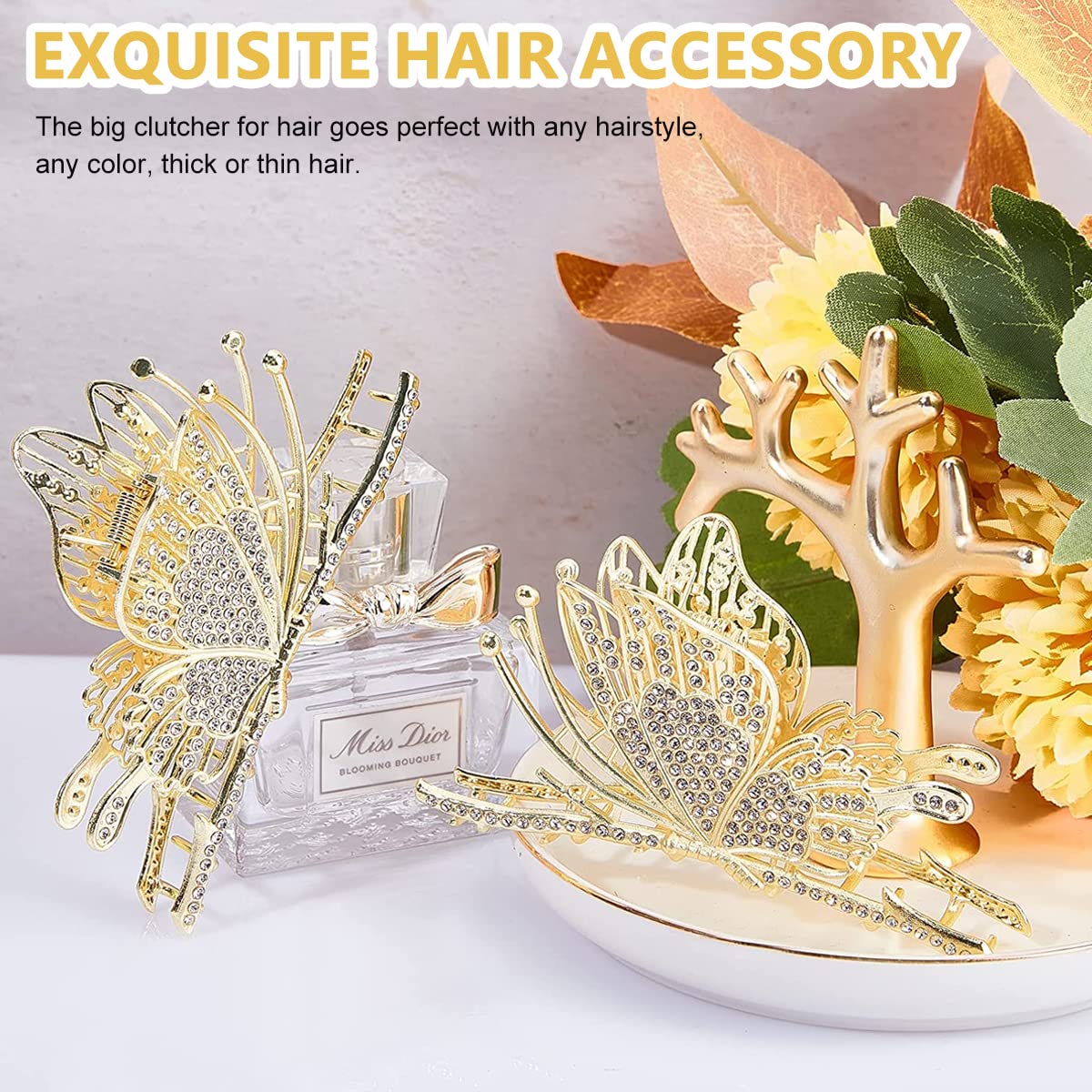 PALAY Butterfly Hair Claw Clips for Women Sparkly Rhinestone Large Clutchers for Hair Non-Slip Metal Hair Clips Strong Big Hair Jaw Clips Gift