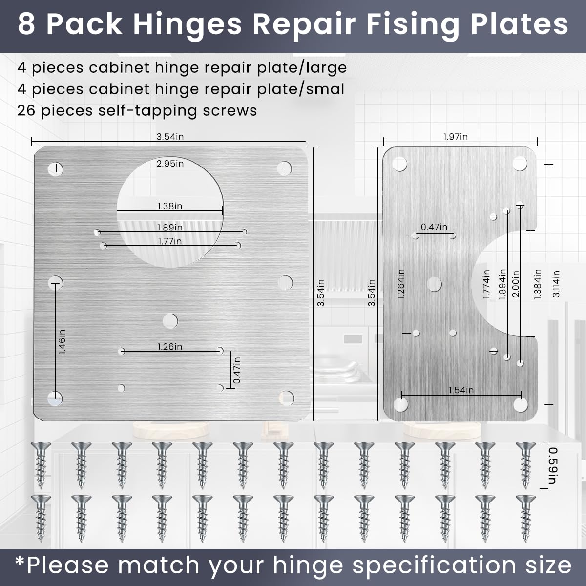 Serplex 8Pcs Cabinet Hinges Repair Plate, Stainless Steel Hinge Repair Brackets Kit, Kitchen Cupboard Door Hinge Repair Plate Kit for Cabinets Fixing Screws, Protect Wooden Kitchen Cabinet Door