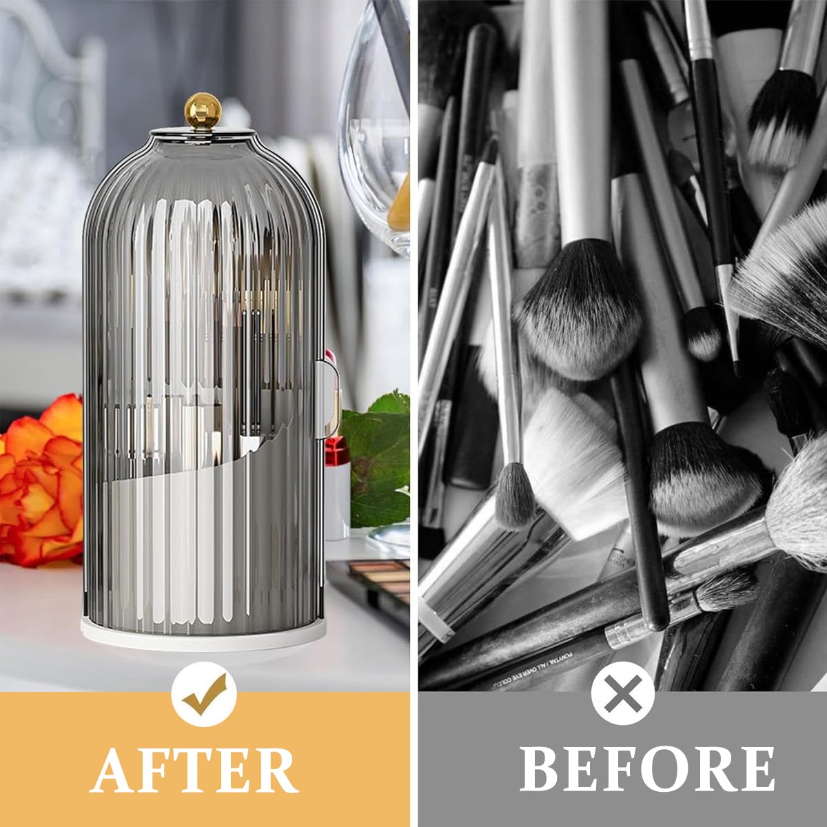 MAYCREATE Makeup Brush Holder Organizer with Lid, 3-Grid Makeup Storage Case 360° Rotatable Dustproof Makeup Brushes Organizer Stand for Vanity Desktop Bathroom - Gray