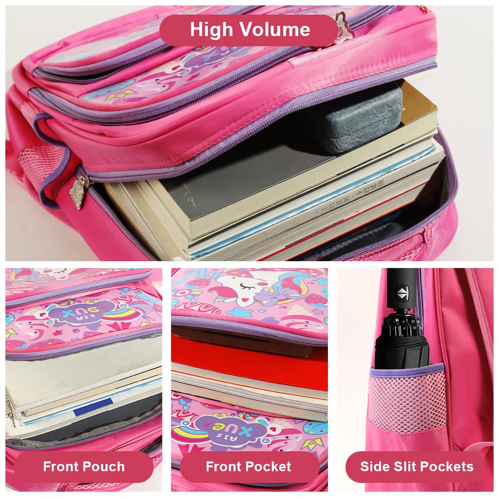PALAY School Backpack Pencil Pouch Pink Unicorn Print School Backpack for Schoolgirls, Waterproof Backpack for School, Travel, Camping Burden-relief Backpack School Gift for Kids 6-8Years Old
