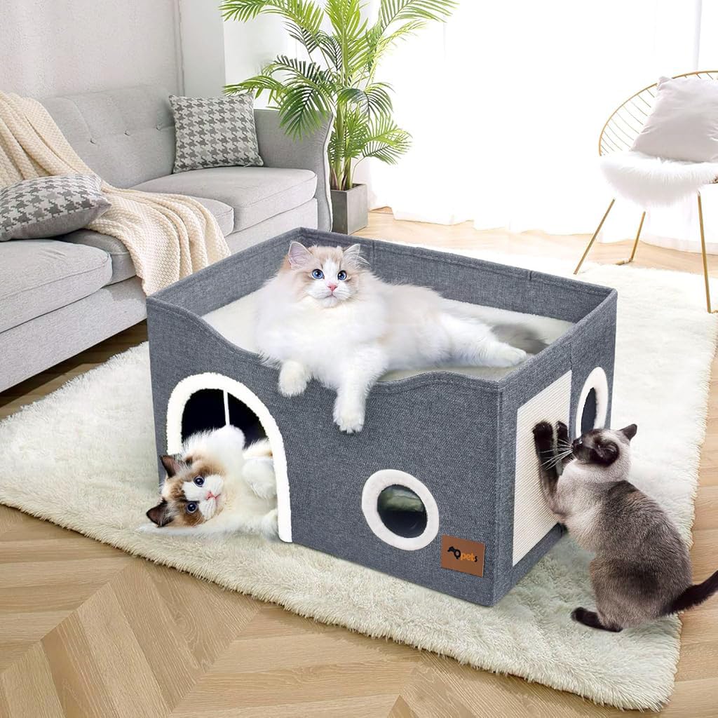 Qpets Cat Bed, Large Cat House, Foldable Cat Cave for Pet Cat House with ATOP Platform & Cat Scratcher Board, Double Layer Cat House Cat Hidewawy Game Tunnel for All Season Use