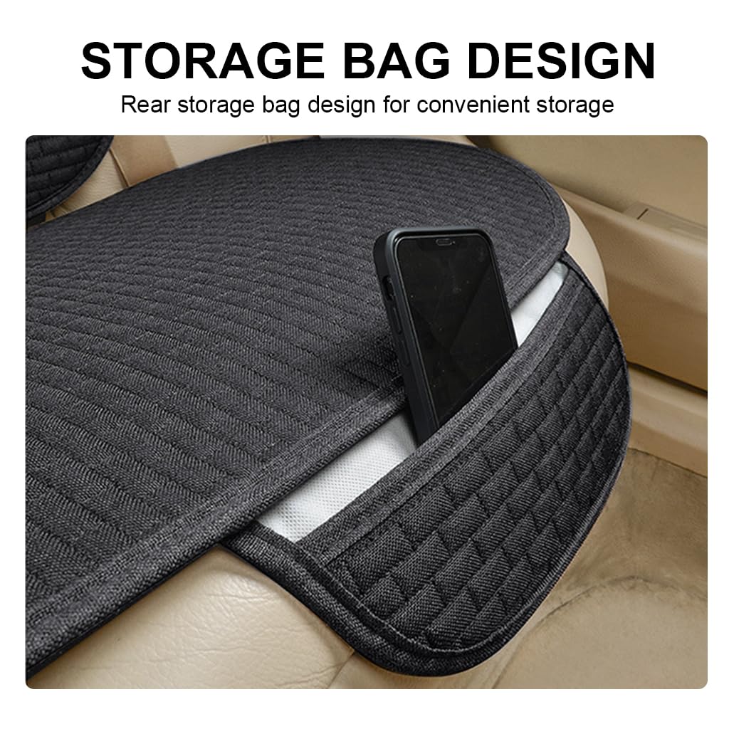STHIRA® Silicone 6PCS Car Seat Covers Summer Breathable Front Cushion Mat Flax with Storage Pouch Long Rear Anti-Slip Anti-Scratches Black