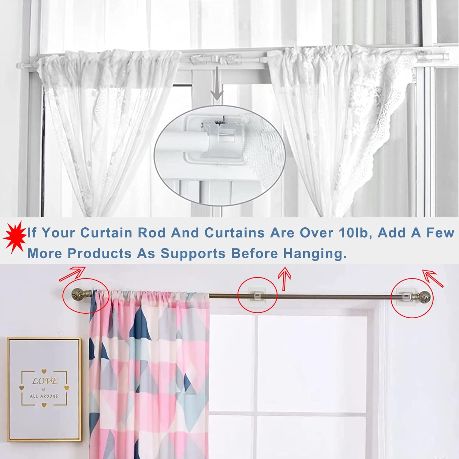 ZIBUYU® 6Pcs Window Curtain Rod Brackets for 2mm Dia Rods, No Drill Strong Adhesive Curtain Rod Supports, Snap Closure Rod Mounting Brackets, Multi Use Clear Pole Brackets for Room, Bathroom, Kitchen