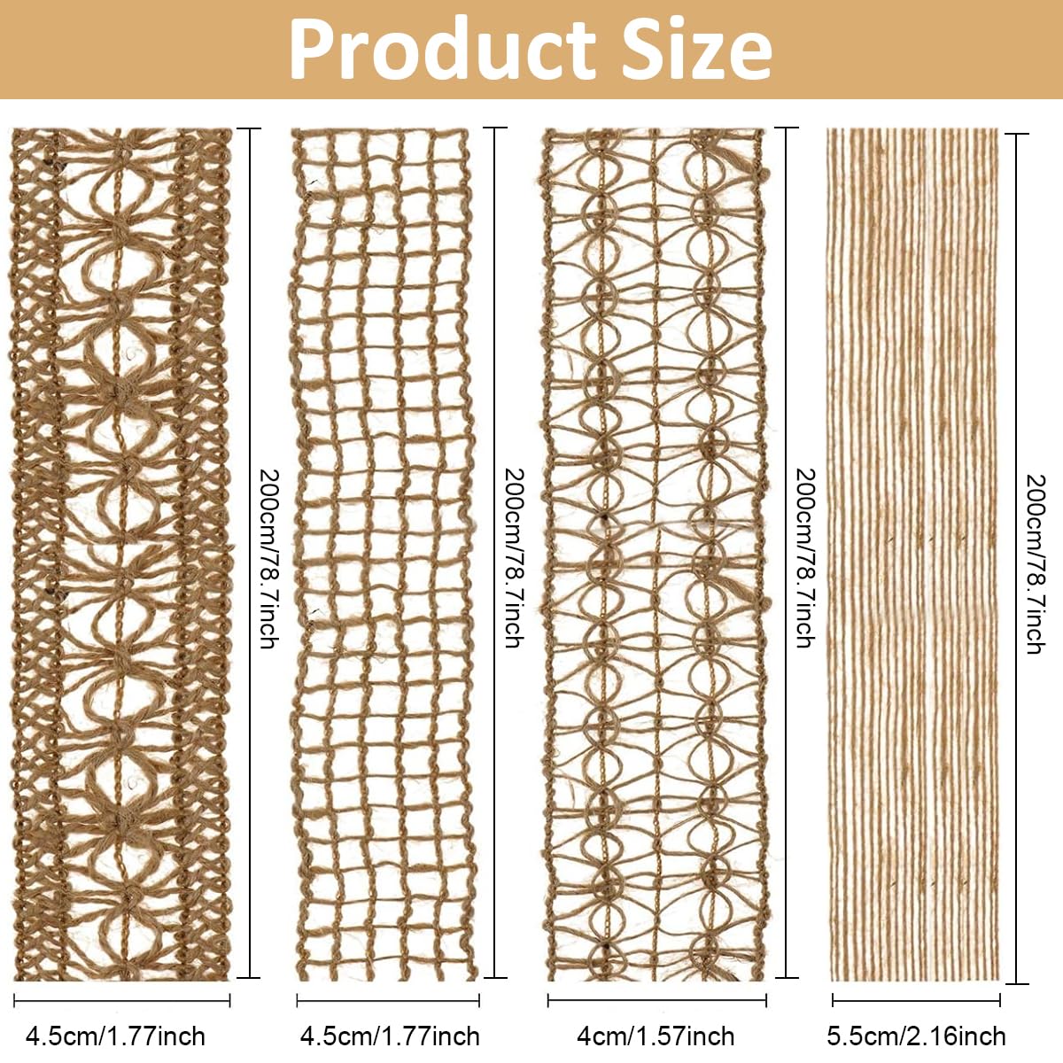 PATPAT Jute Burlap Ribbon, 4 Rolls 6.6ft Jute Rope for Craft, Creative DIY ribbons for gift wrapping, DIY Project, Event & Wedding Decorations, Natural Fabric Roll Craft Decoration Lace
