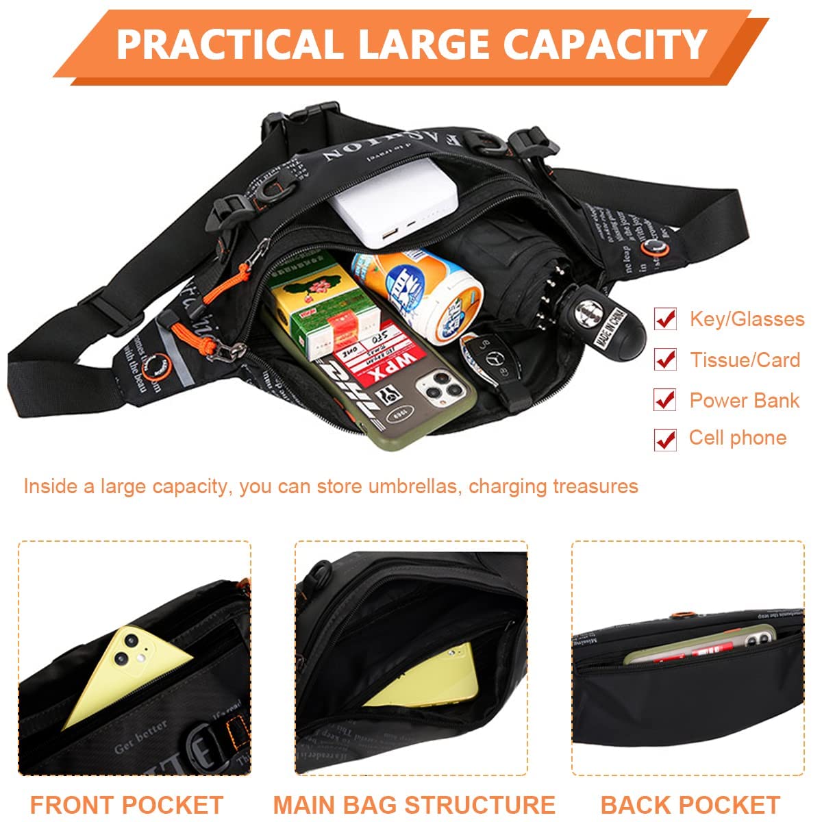 GUSTAVE Waist Bag for Men Women with Adjustable Strap, Stylish Double Layer Fanny Pack, Waterproof Chest Bag, Large Capacity Belt Bag for Running Travel Sports Cycling Workout Gym Outdoor