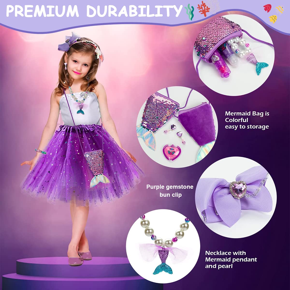 ZIBUYU Cute Pearl Necklace Bracelet Set for Girls Included Sling Bag,Hair Bow Ring Earrings,Mermaid Princess Jewelry Kit for Theme Party,Dress Up Christmas Gift