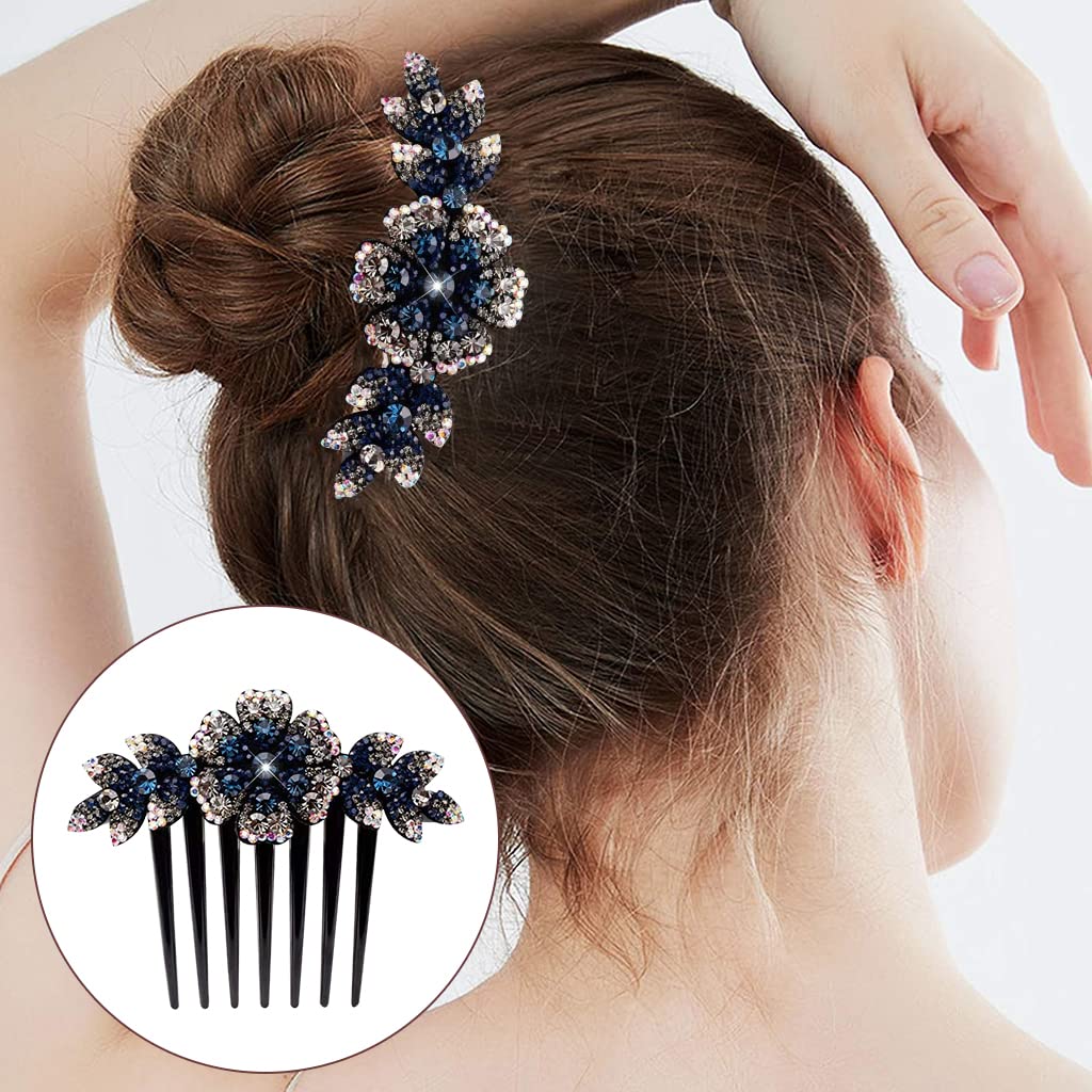 PALAY Flower Hair Clips for Women,Acrylic Hair Comb Pins Slide Hair Clips for Fashion Girls Crystal Barrettes Bridal Charm Hair Accessories(dark blue)