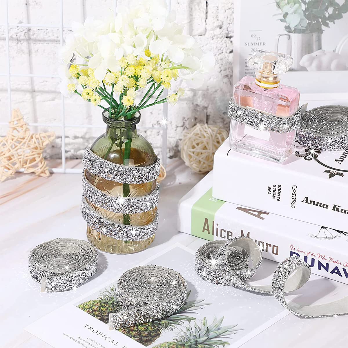 MAYCREATE 4 Rolls Self Adhesive Bling Rhinestone Strips Diamond Ribbon, Glitter Resin Diamond Belt Sparkling Ribbon Stickers Wrap Crystal Roll for Wall Decoration, DIY Arts Crafts