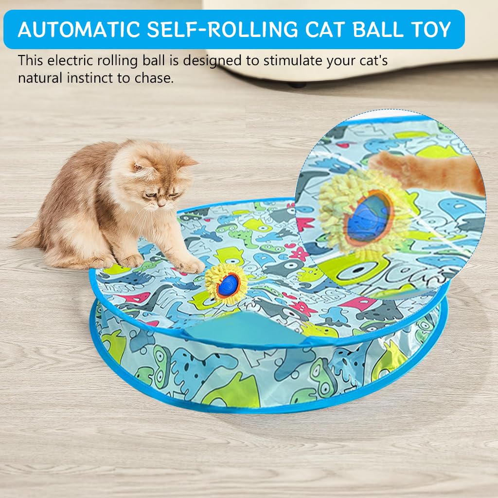 Qpets Cat Toy Electric Self-Rolling Ball Cat Chasing Toy Ball with 27.5 inches Folding Game Chasing Play Cover USB Rechargeable Self Spinning Ball Toy Chasing Toy Ball for Cats, Dogs