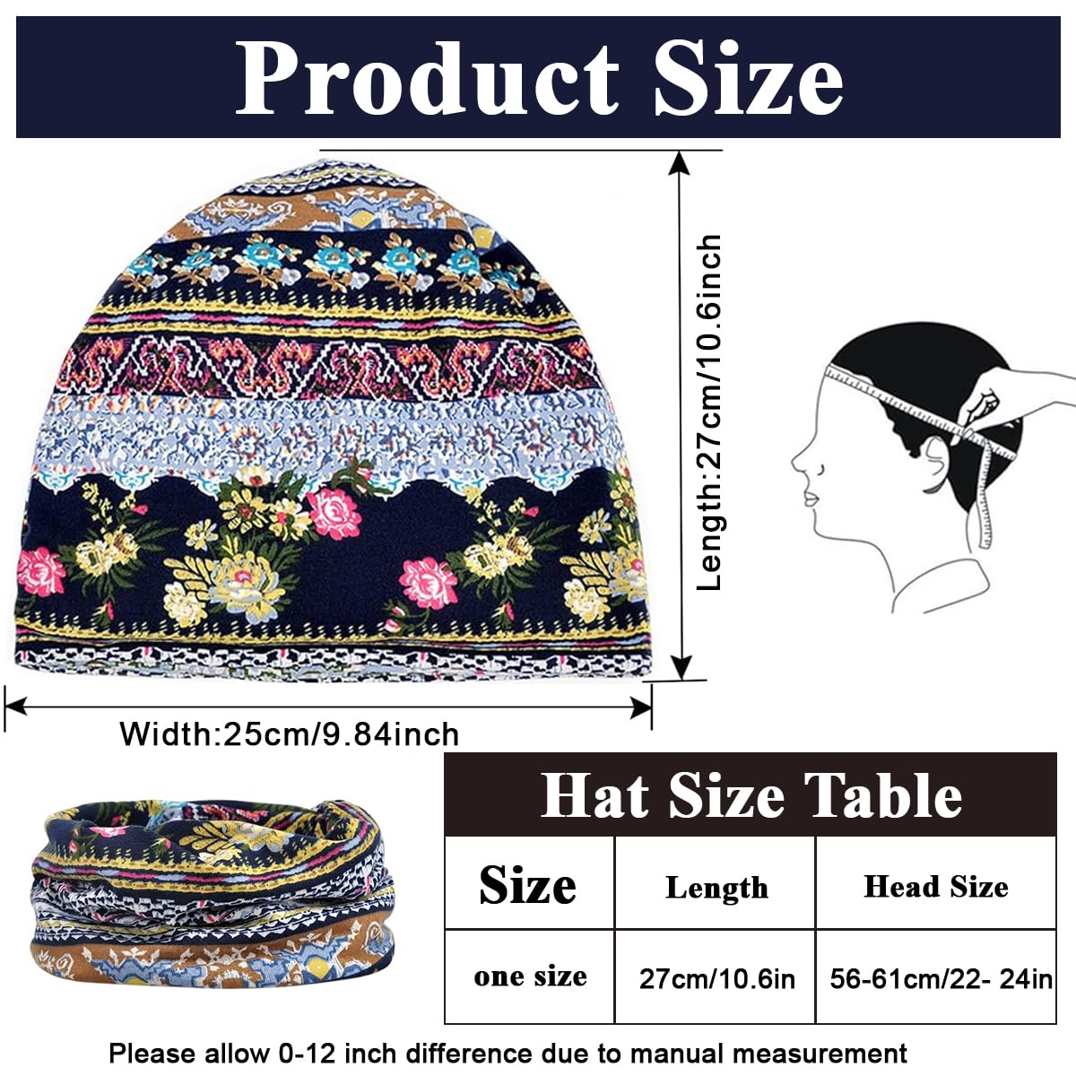 PALAY Hijab Caps for Women, Floral Print Chemo Cap Slouchy Beanie Cap for Women, Fashion Hip-Hop Skull Dwarf Hats, Boho Soft Running Head Scarves for Teen Girls - All Season Use Blue