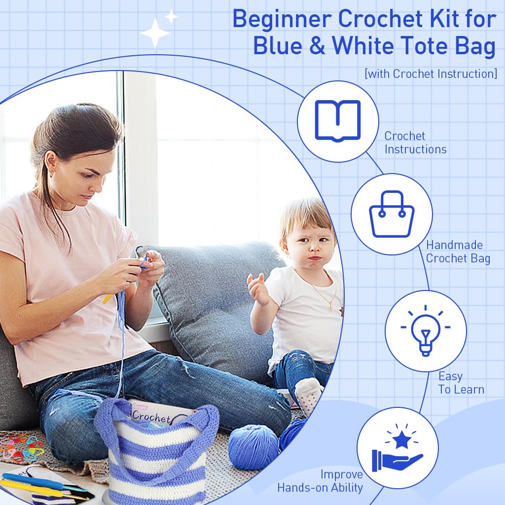 HASTHIP DIY Crochet Bag Material Kit Beginners Blue White Stripy Fashion Crochet Tote Bag Material Kit with Yarn, Crochet Hook, Tools & Accessories, Tutorial Video, DIY Crochet Kit for Adult