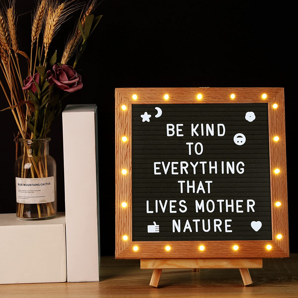 Climberty 10x10 Inches Felt Letter Board with LED Lights for Sign Message, Announcement, Wall Decor, Changeable Message Board with Stand, 340 White Letters & Symbols, Scissors and Drawstring Bag