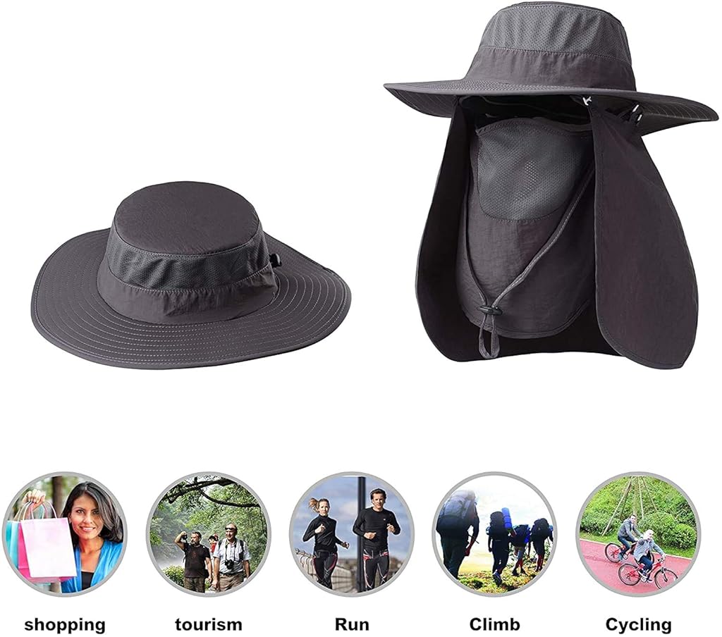 GUSTAVE® Synthetic Mens Sun Hat Wide Brim Summer Cap UV Protection Fishing Foldable Bucket Outdoor Beige Free Size 3 PCS