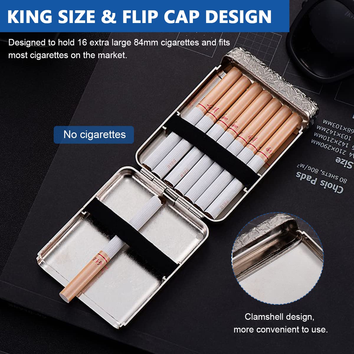 ELEPHANTBOAT Silver Metal Cigarette Case Box for 16pcs,84mm King Size Cigarettes with Moisture-Proof and Scratch Proof,Unique Birthday Christmas Gifts for Women & Men