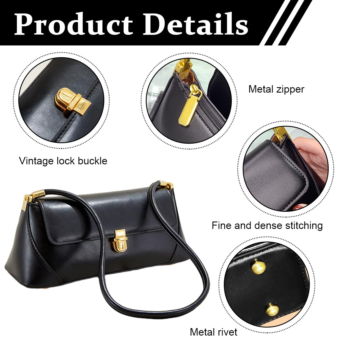 PALAY Women Handbag PU Leather Fashion Shoulder Bags Metal Snap Buckle Closure Design Small Purse Vintage Handbags, Black