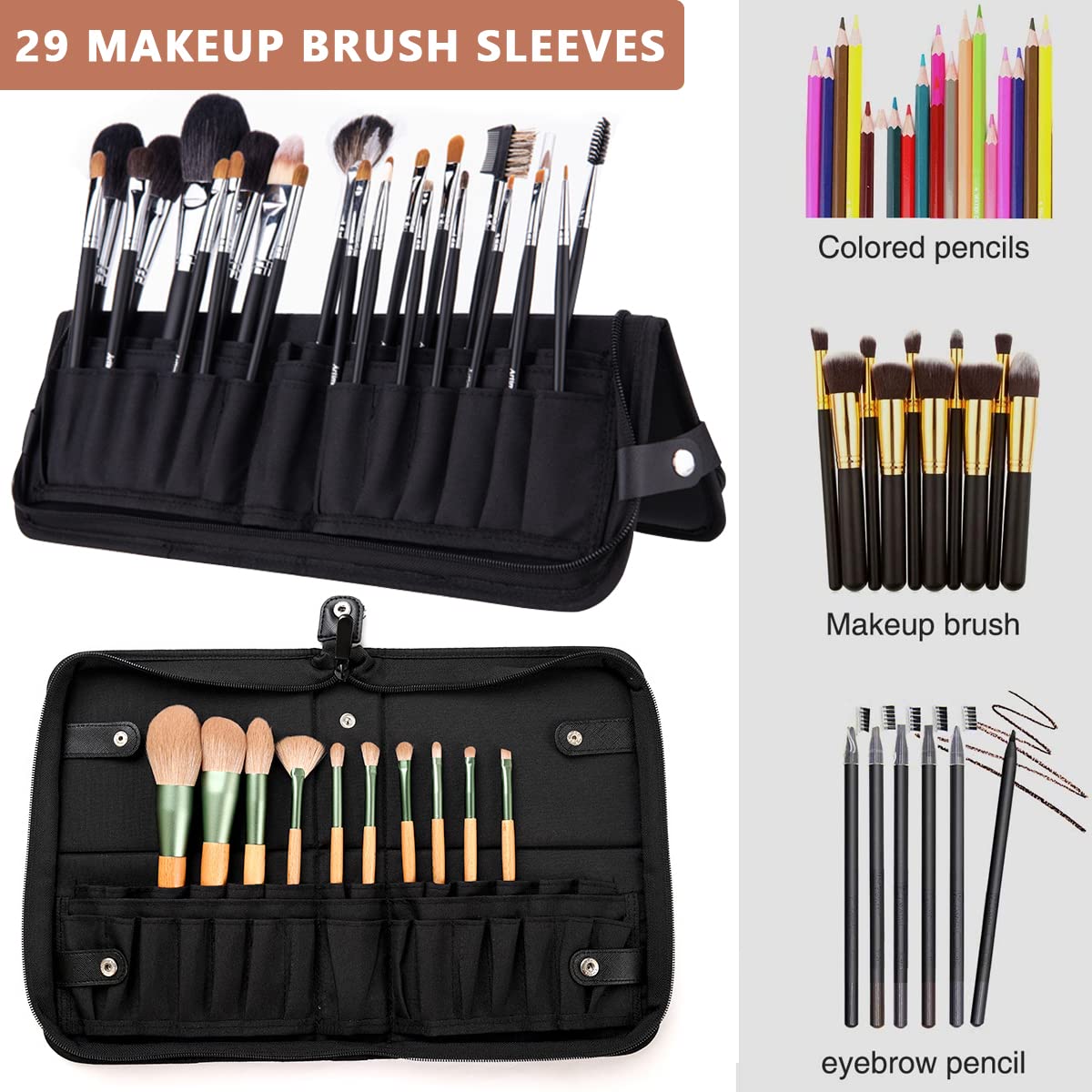 MAYCREATE Makeup Brush Holder Bag Travel Portable Makeup Brush Organizer Case Foldable Zipper Cosmetic Brush Storage Pouch Stand with 29 Elastic Pockets (Black)