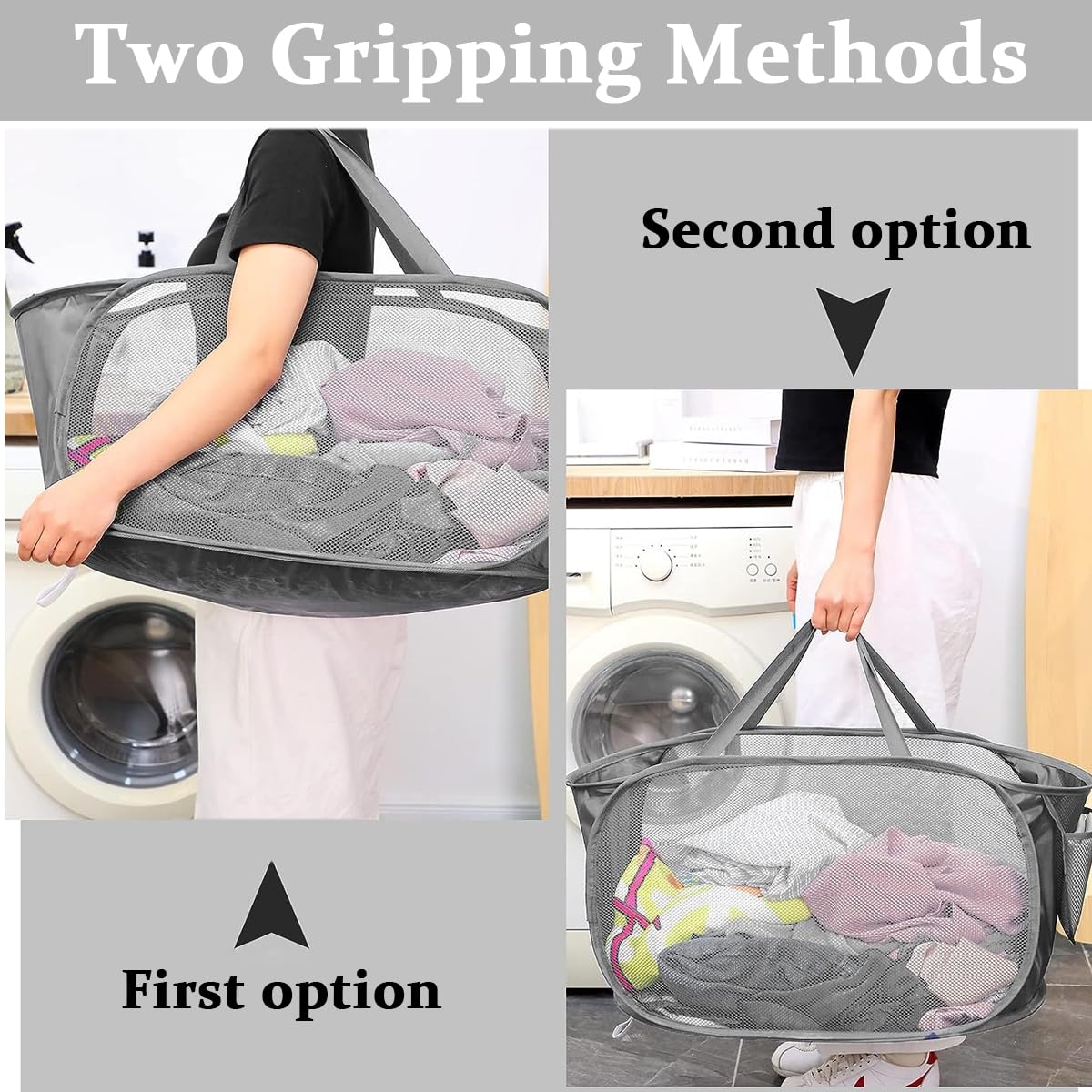 HASTHIP Durable Collapsible Laundry Baskets, Foldable Clothes Storage Hamper with Reinforced Carry Handles, Portable Collapsible Clothes Baskets for Dorm, Bathroom & Travel, Grey