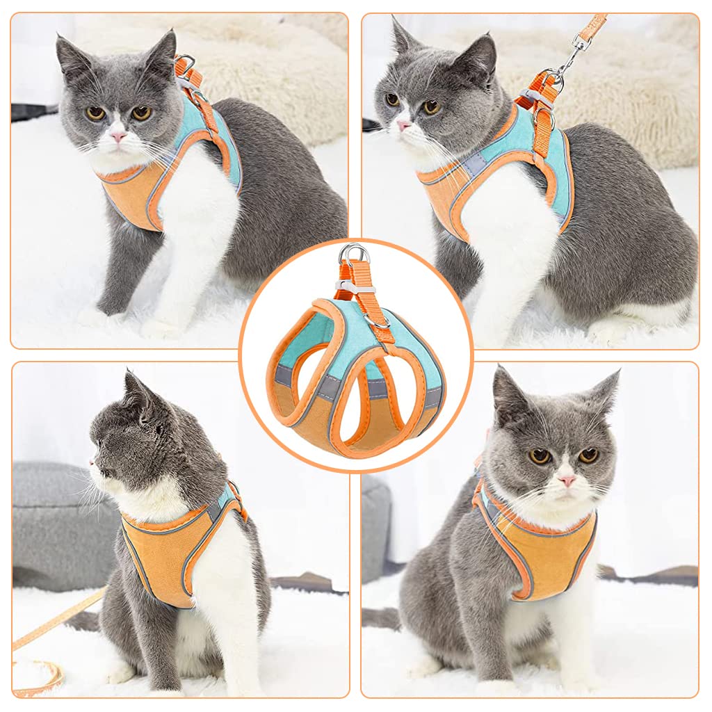 Qpets Cat Harness with Cat Leash for Walking, Adjustable Soft Sturdy Faux Suede Escape Proof Kitten Vest Harness and Leash with Reflective Strip for Large Medium Small Cat(Green, Orang, M)