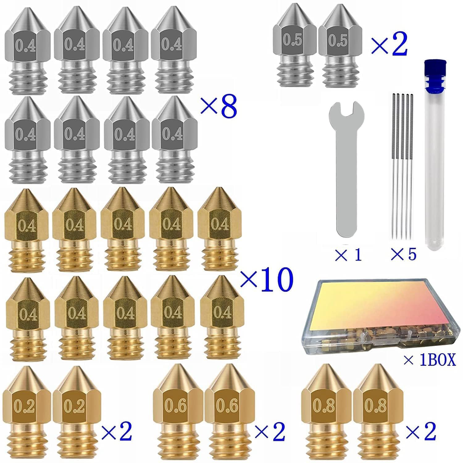 Serplex 32PCS MK8 Nozzles 3D Printer Extruder Nozzles Hardened Steel, Stainless Steel, Brass High Temperature Pointed Wear Resistant Nozzle 0.4mm Compatible with CR-10 Ender 3/ V2 Ender3 pro