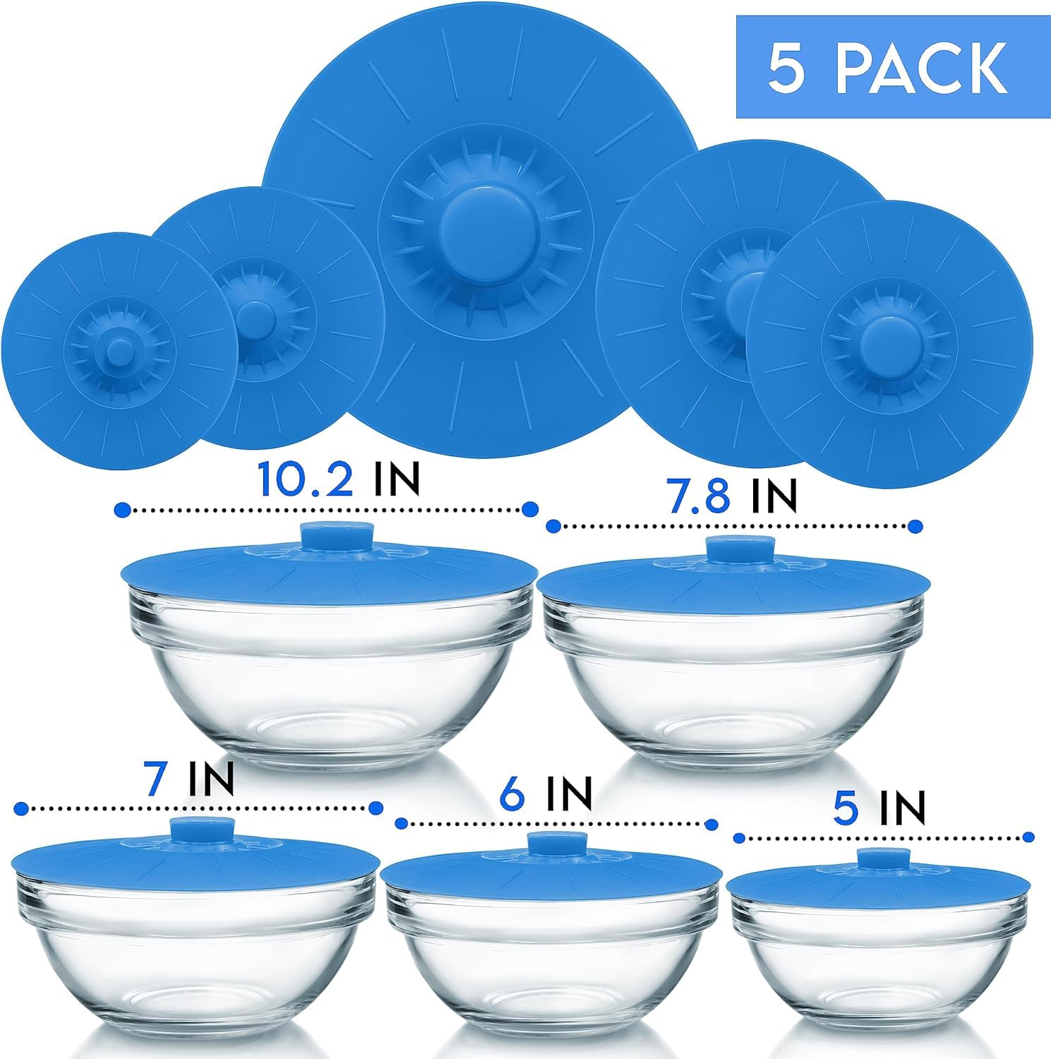 HASTHIP Silicone Lid for Containter 5 Sizes Silicone Bowl Lids Reusable Suction Seal Covers for Pots, Cups, Bowls, Heat Resistant Silicone Lid, Blue