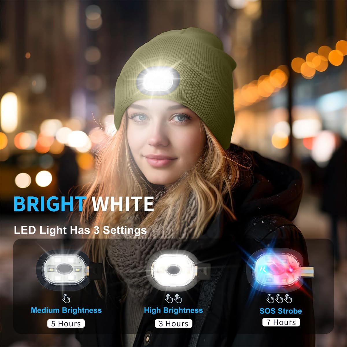 GUSTAVE Winter Cap for Men Women Illuminated Beanie Cap with Forehead Lamp USB Rechargeable Winter Soft Fleece Knitted Cap for Riding, Night Running, Green