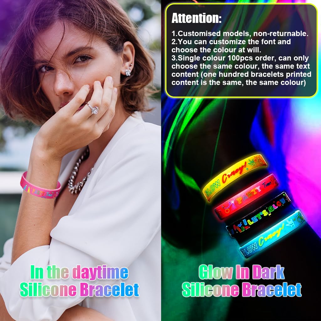 PATPAT 100Pcs Neon Custom Silicone Wristbands - Personalized Printed - Add a Message - Customizable Rubber Bracelets - Customized for Motivation, Events, Companies, Support, Fundraisers(Yellow)