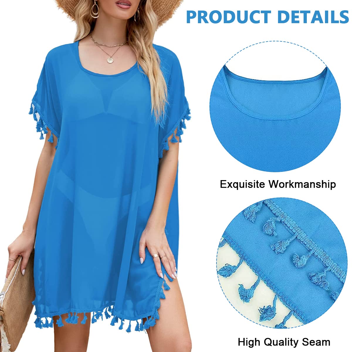 PALAY Women's Beach Wear Coverup, Chiffon Sarong Beach Coverups Wrap Shawl for Women, Tassels Bikini Casual Tops Coverup for Beachwear (Blue)